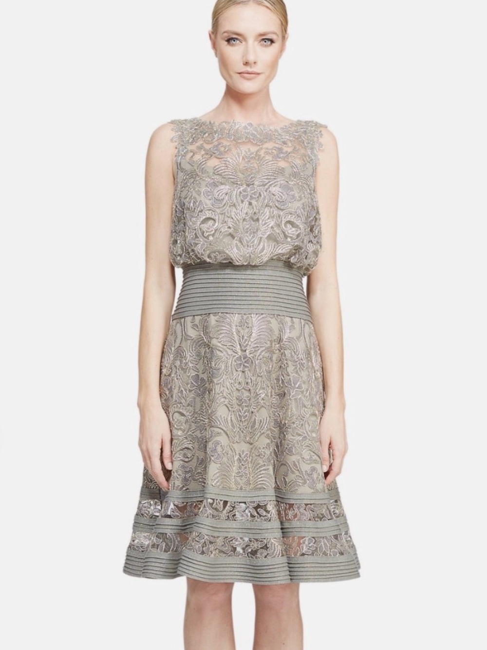 Tadashi Shoji Ariana Taupe Gold Metallic Lace Cocktail Dress size 4